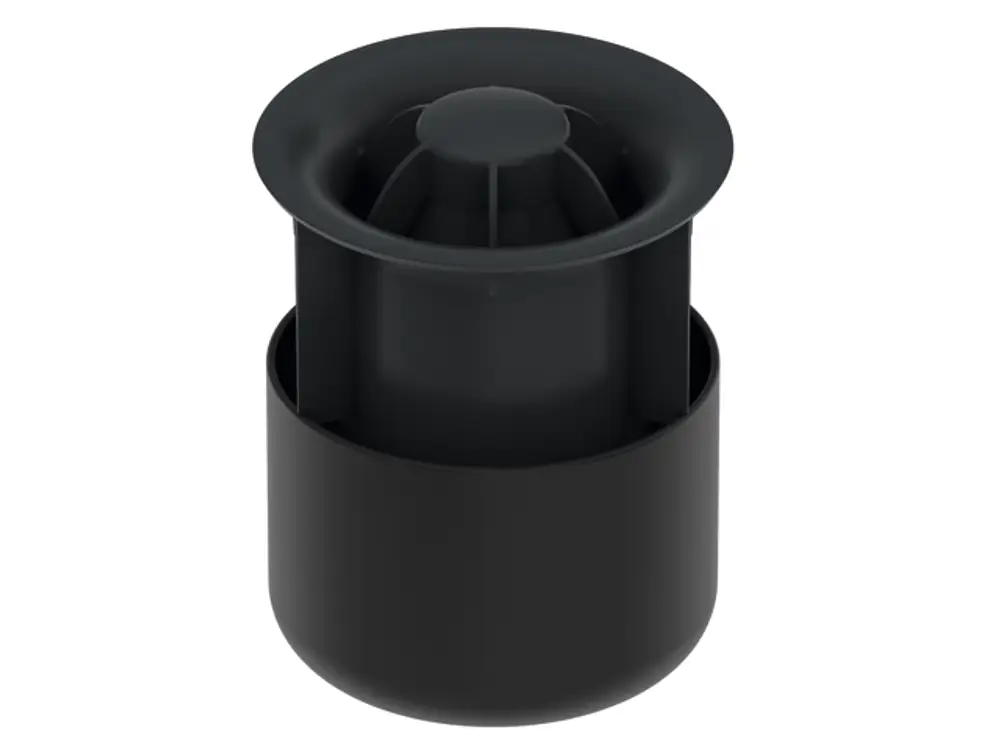 TECE Ablaufsystem mit zwei Stufen und Membran, schwarze Konstruktion, zylindrische Form mit öffentlichem Design zur effizienten Wasserableitung.